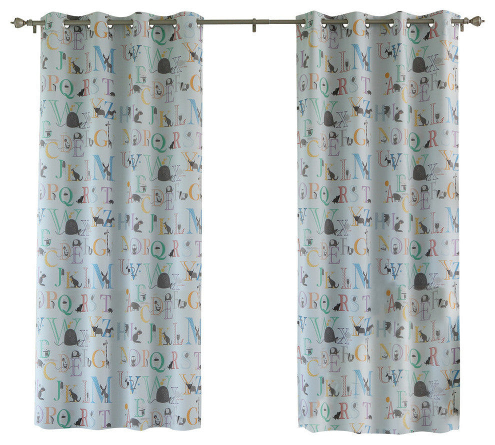 Alphabet Room Darkening Grommet Top Curtains, Pair, Blue, 63"