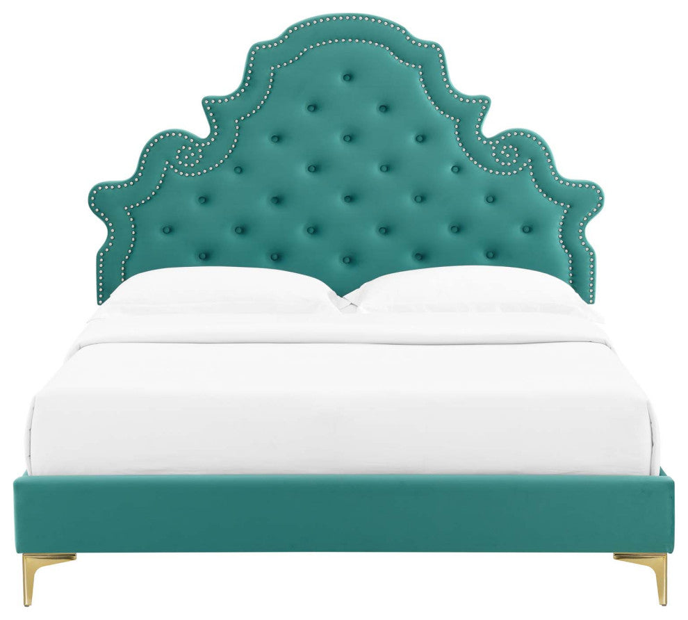 Tufted Platform Bed Frame, Twin Size, Velvet, Teal Blue, Modern Contemporary