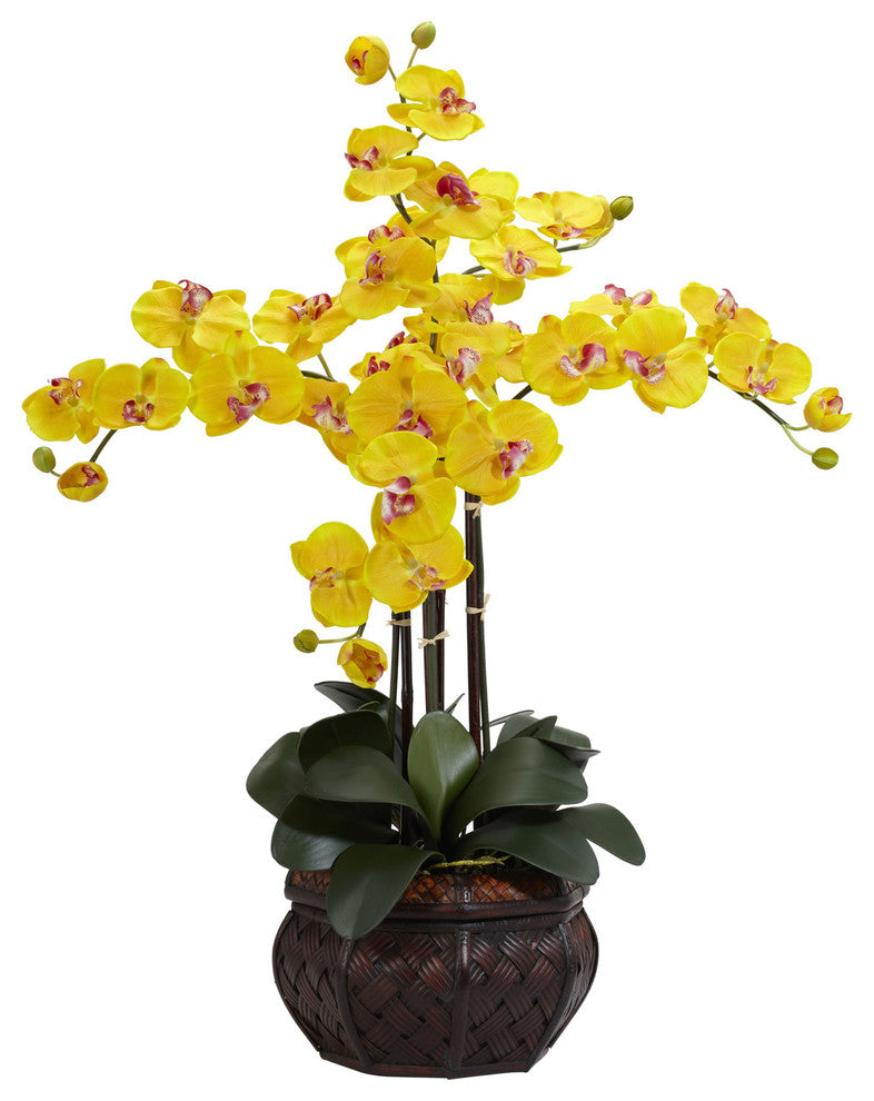 Phalaenopsis With Decorative Vase Silk Flower Arrangement, Yellow