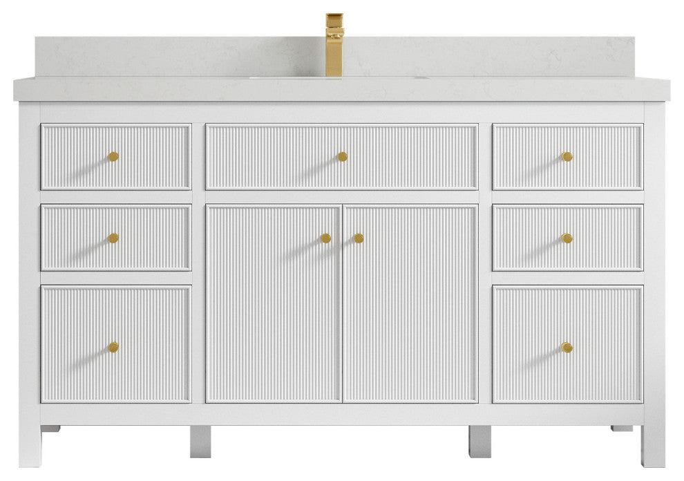 Sonoma 60 Single Sink Reeded Bathroom Vanity in White 2" Carrara Quartz