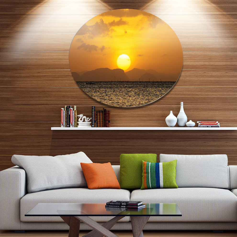 Yellow Sunset And Brown Ocean, Seashore Round Wall Art, 23"