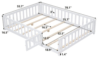 Gewnee Full Size Floor Platform Bed with Fence and Door, White