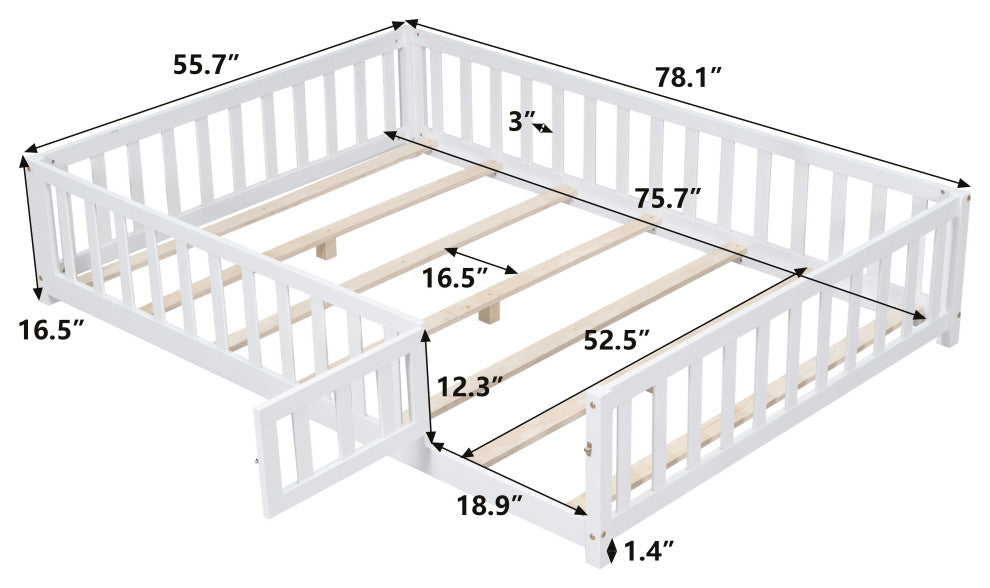 Gewnee Full Size Floor Platform Bed with Fence and Door, White