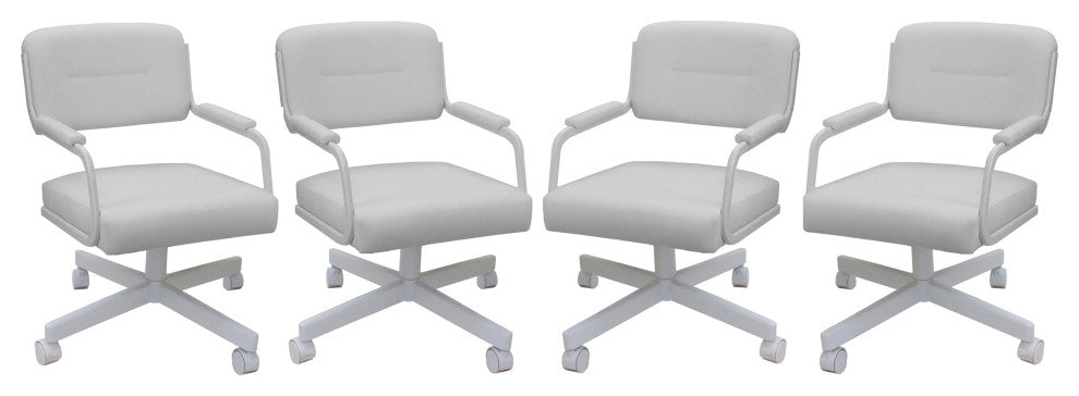 Set of 4, Swivel Metal Caster Dining Chairs M-110, White Vinyl on White