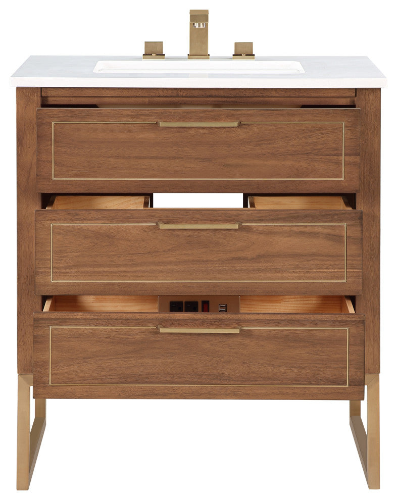 Markham 30" Single Bathroom Vanity Set, Walnut/Satin Brass, Quartz Countertop