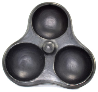 Ancient Cookware, Triple Chamba Clay Salsa Dish, 5.6x7x1.8