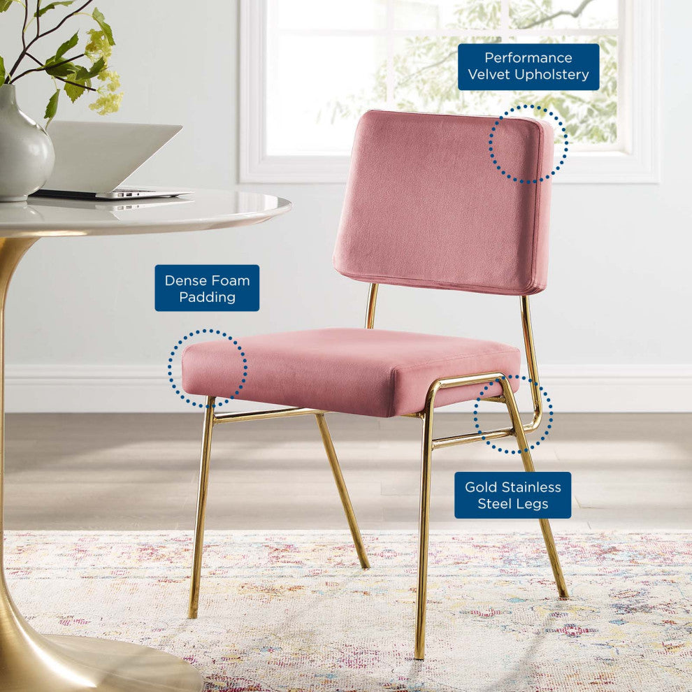 Side Dining Chair, Velvet, Metal, Gold Pink, Modern, Cafe Bistro Restaurant