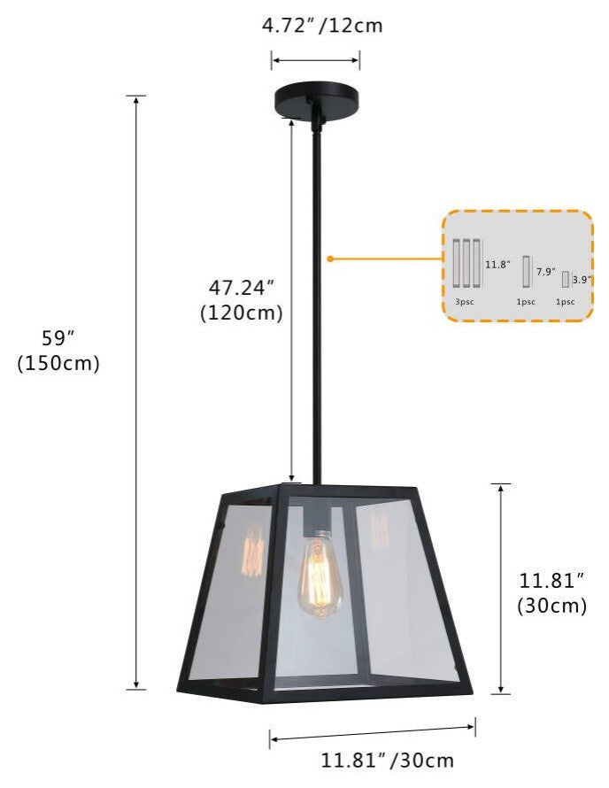 1-Light Glass Shade Modern Linear Hanging Pendant Lighting Chandelier, Black