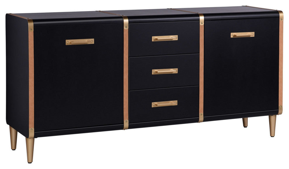 Hector Three Drawer and Two Door Trunk Sideboard Matte Black, Gold Finish