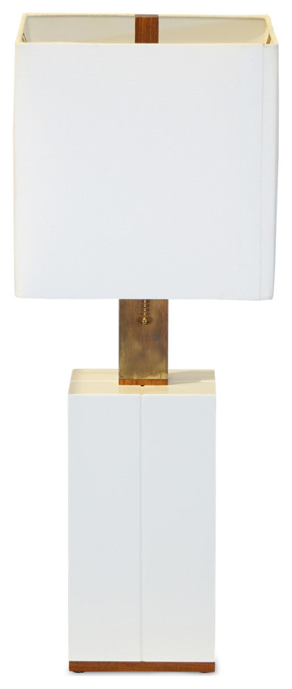 White High Gloss Table Lamp, Natural Brass, White Linen Shade