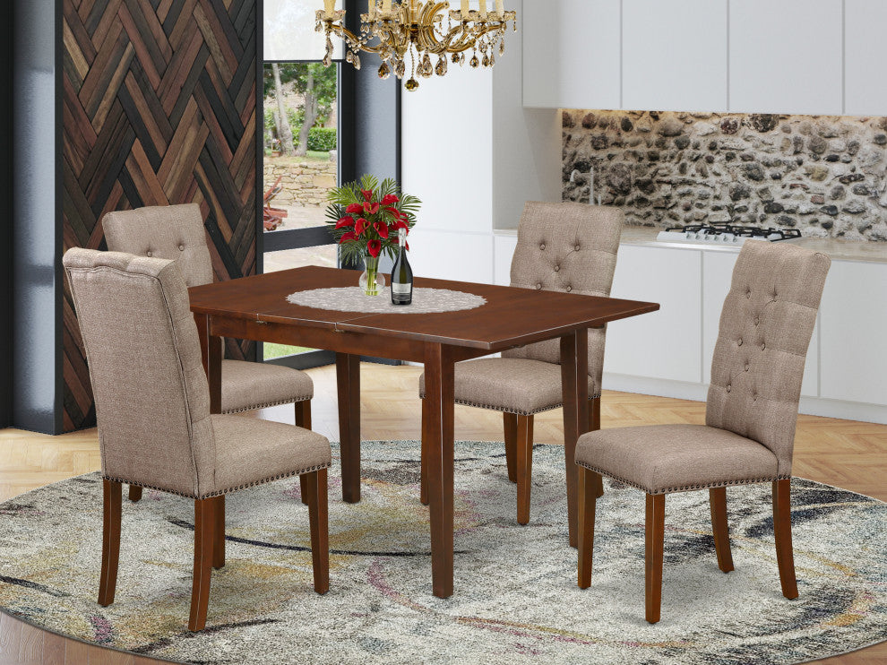 5Pc Dining Set - 4 Chair, 2-Drops Leaf Wood Table, Mahogany Finish