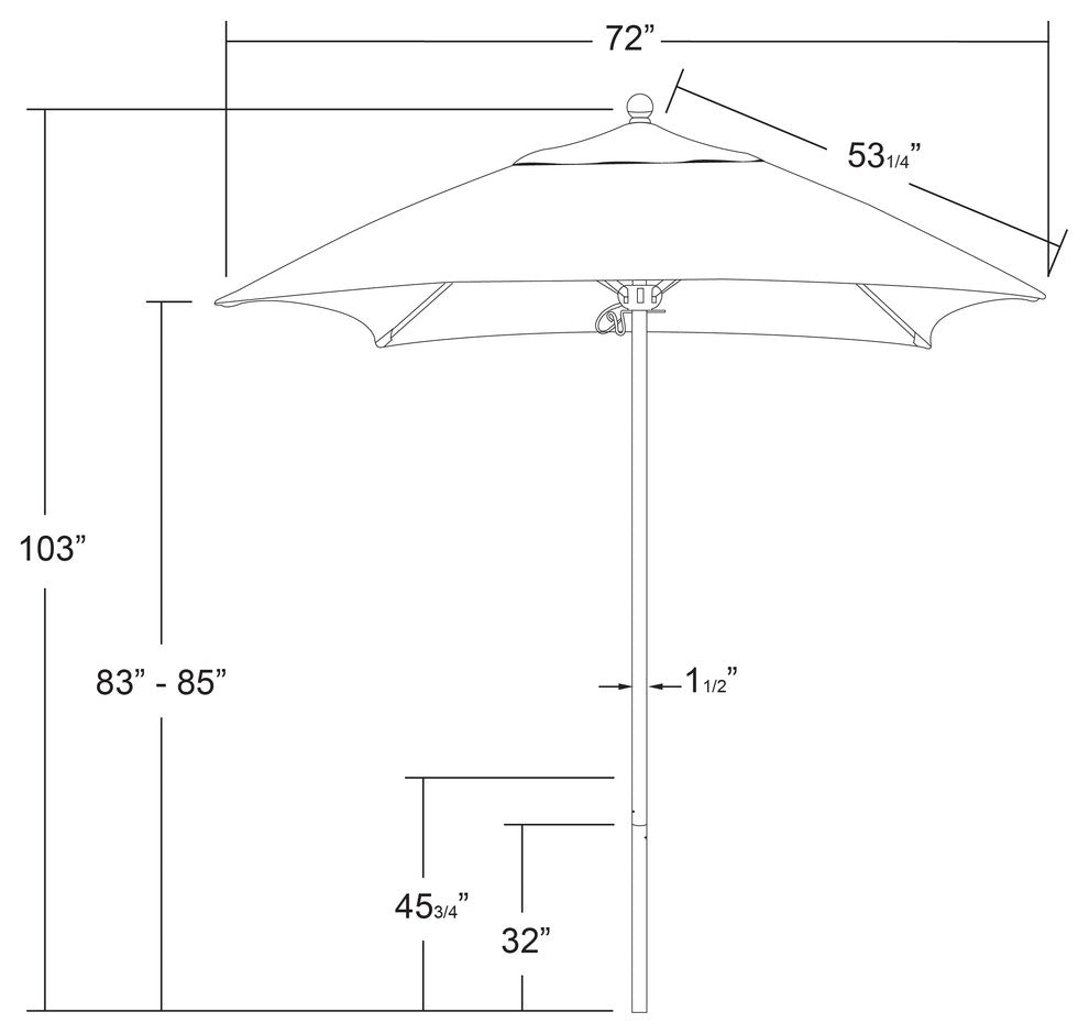 6' Square Matted White Push Lift Fiberglass Rib Aluminum Umbrella, Sunbrella, Natural
