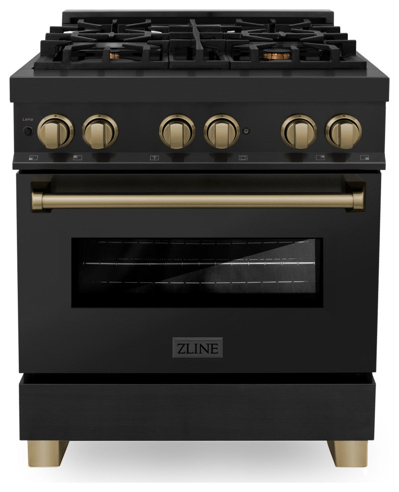 ZLINE 30" Dual Fuel Range, Black Stainless With Champagne Bronze RABZ-30-CB