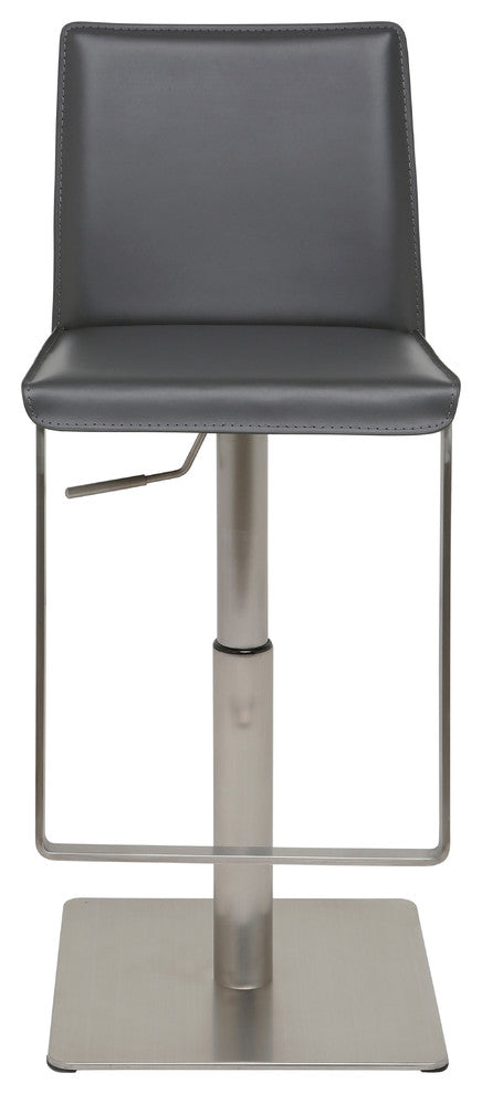 Kailee Adjustable Bar Stool, Brushed Steel, Gray Leather