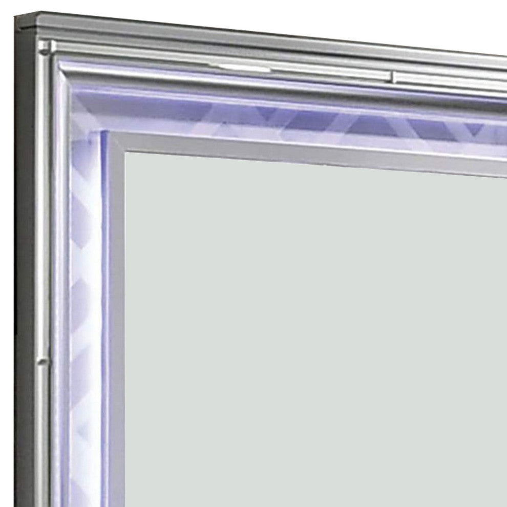 Benzara BM252504 Wall Mirror With LED light and Wooden Frame, Silver