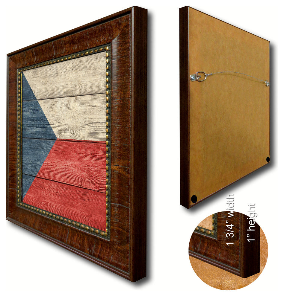 Czech Republic Country Textured Flag Print With Brown Gold Frame, 23"X33"