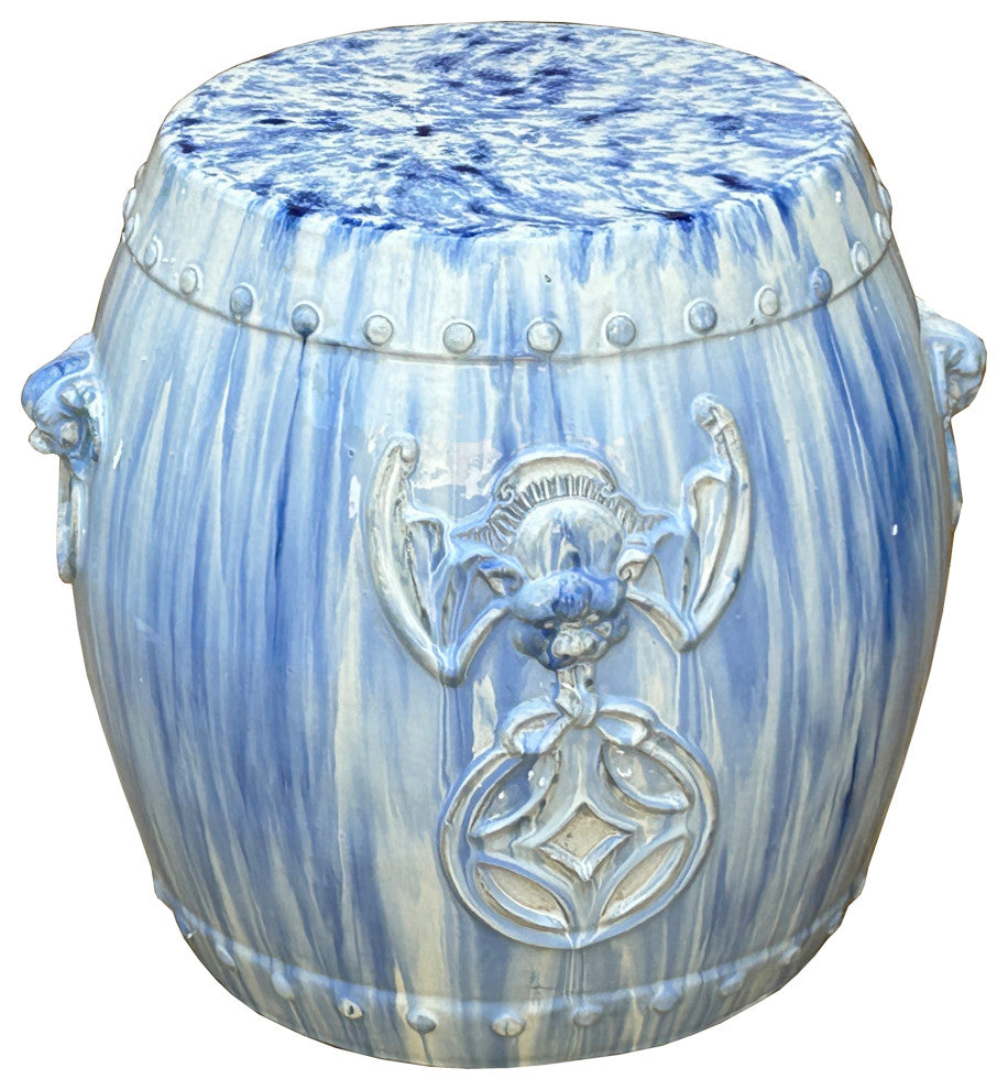 White Blue Glaze Bat Fortune Coin Pattern Round Ceramic Garden Stool Hcs7809