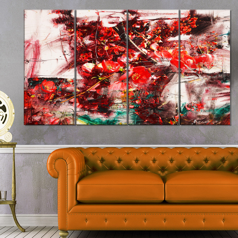 Red Flowers Abstract Background, Abstract Canvas Artwork, 48"x28", 4 Panels