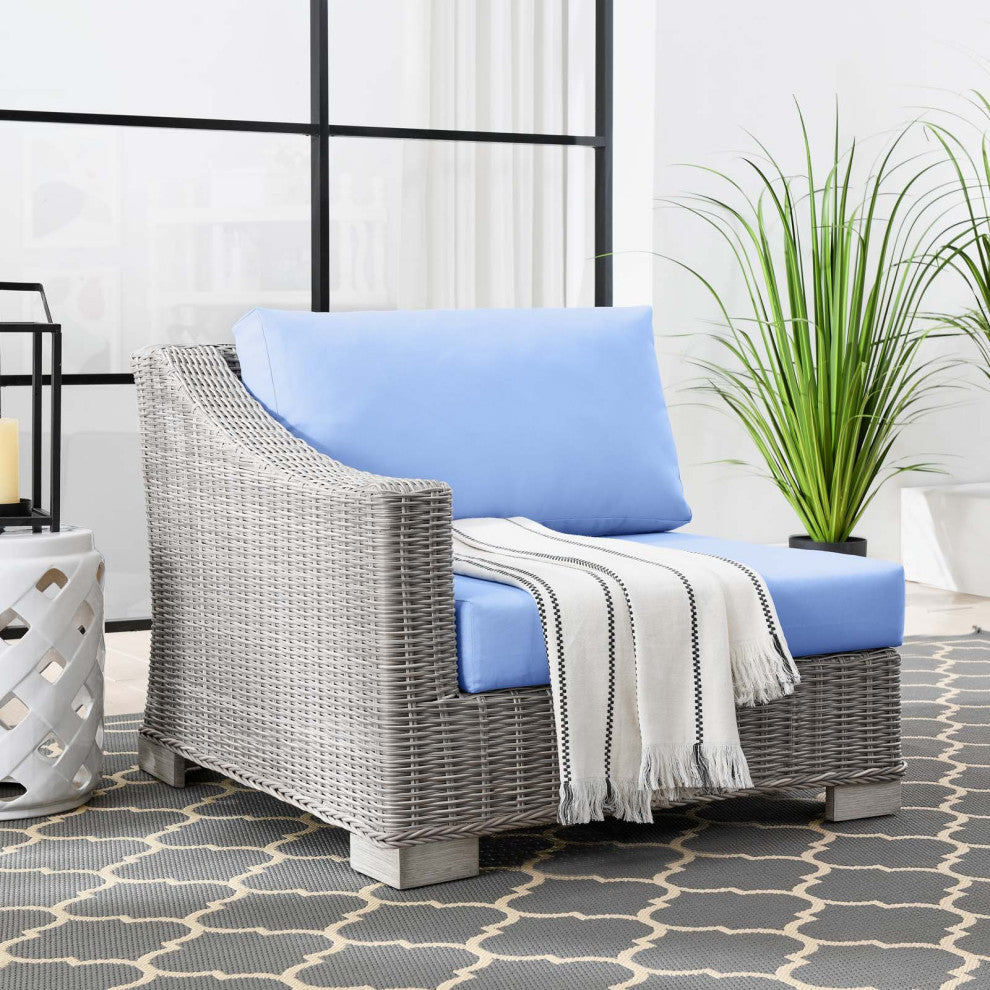 Sofa Corner Chair, Rattan, Wicker, Gray Blue, Modern, Outdoor Patio Cafe
