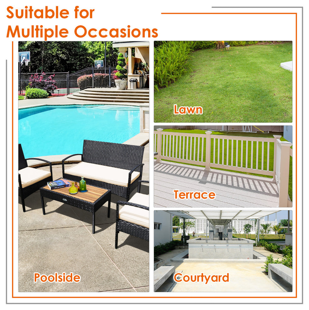Costway 4PCS Patio Rattan Furniture Set Sofa Chair Coffee Table W/Cushion White