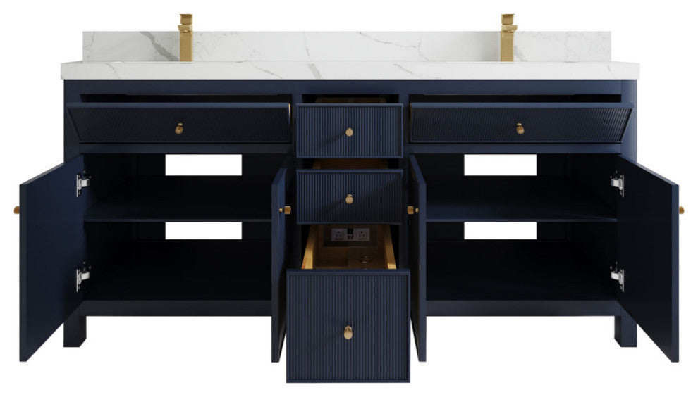 Sonoma 72 Double Sink Reeded Bath Vanity in Hale Navy Blue 2" Calacatta Laza