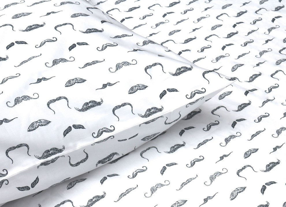 Slate Gray Mustaches Printed Sheet Set, 100% Cotton Matte Sateen