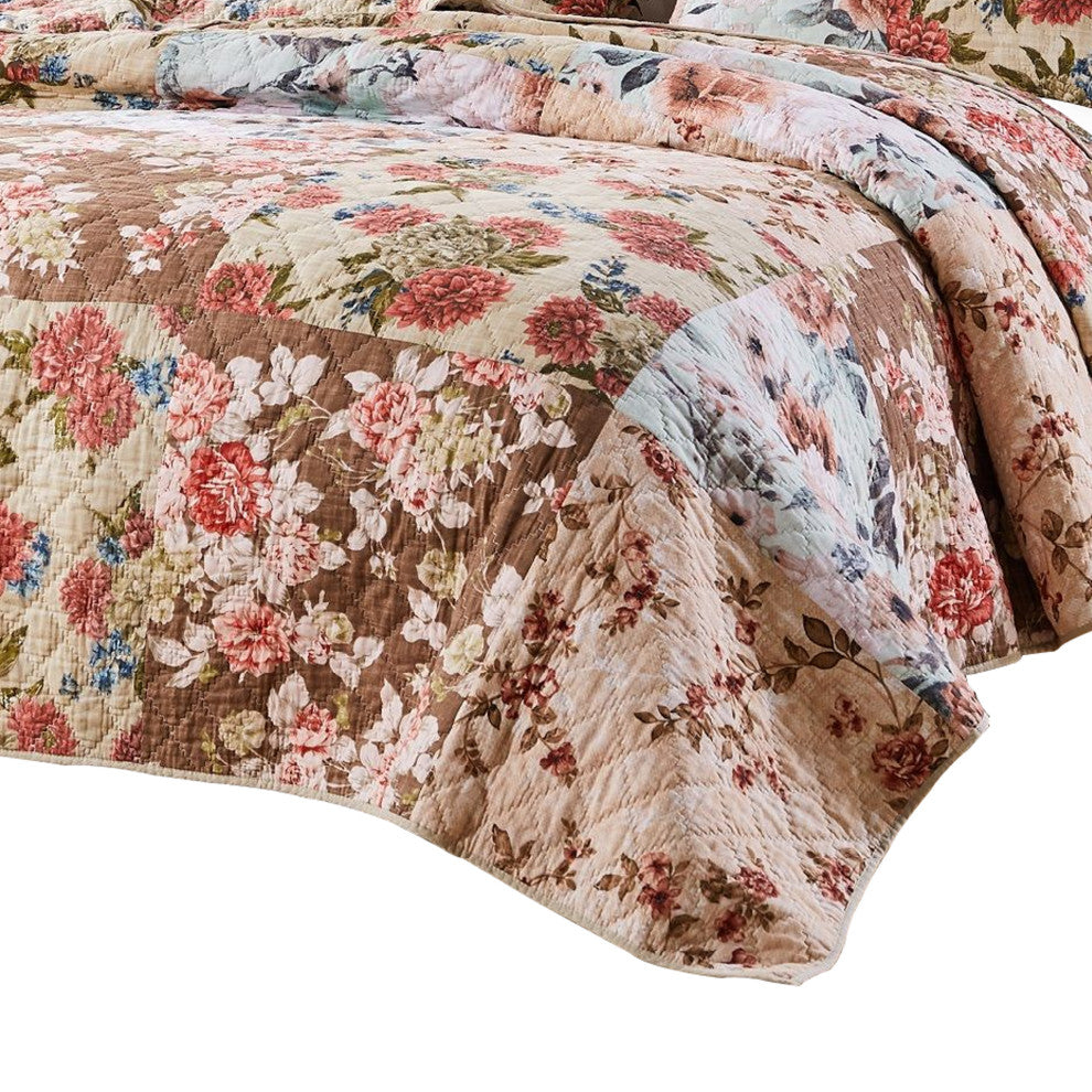 Benzara BM231031 3 Piece Microfiber Reversible Floral Print Queen Quilt Set