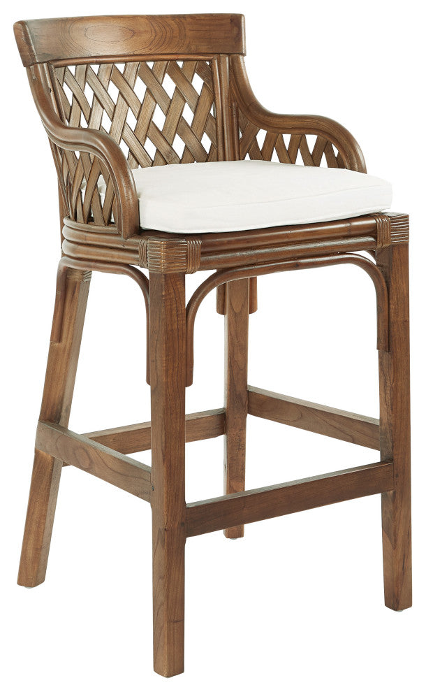 Bar Stool With Brown Stained Wood Rattan Frame ASM, Brown Stain