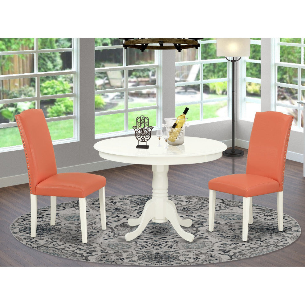 3Pc Rounded 42" Dining Table, 2 Parson Chair, Pu Leather Color Pink Flamingo