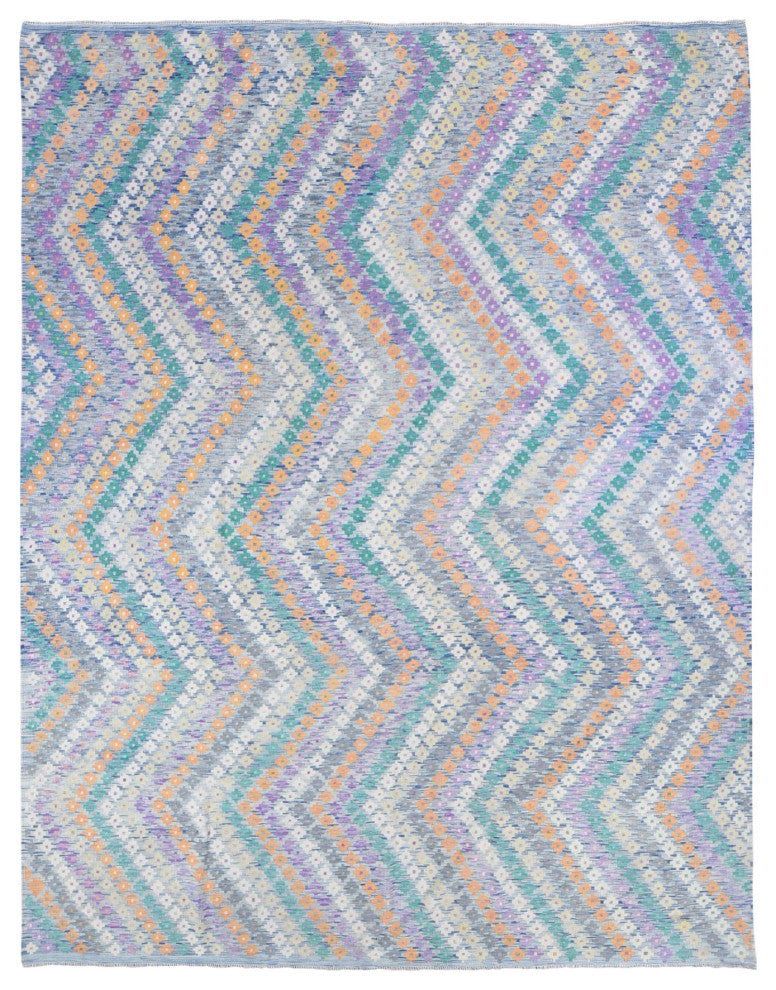 Gray Afghan Kilim with Geometric Design Multicolor Flat Weave Rug 10'3" x 13'2"