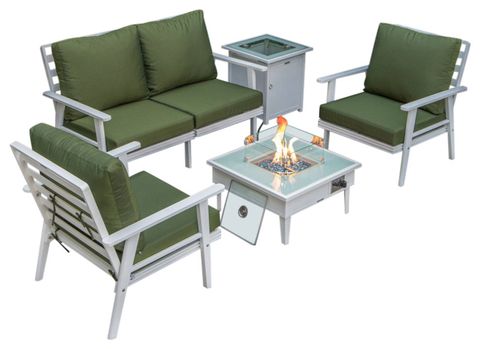 LeisureMod Walbrooke Patio Conversation Set With Fire Pit Table, Green