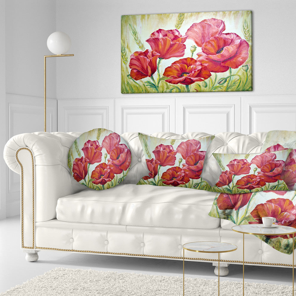 Poppies in Wheat Floral Throw Pillow, 12"x20"