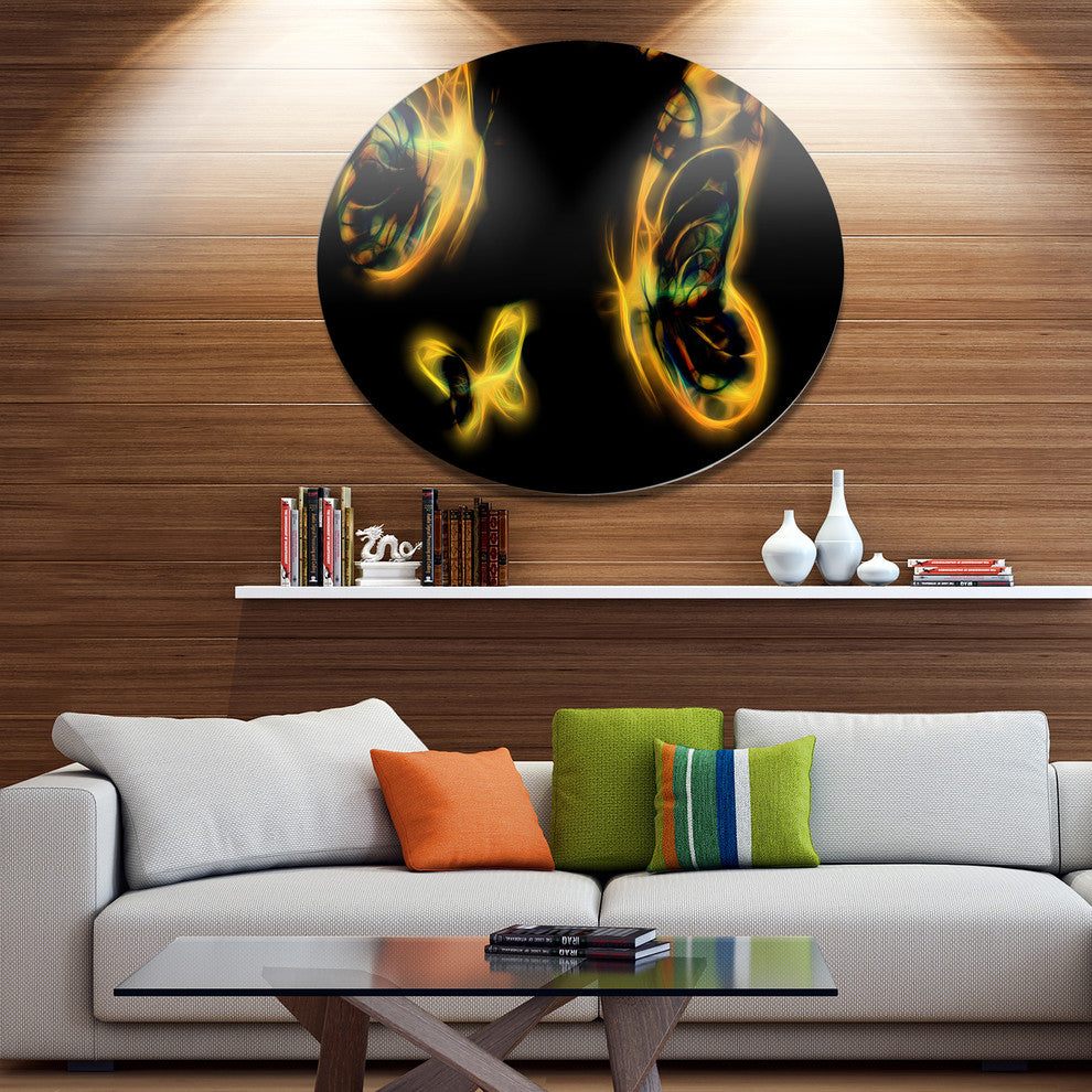 Yellow Fractal Butterflies On Black, Flower Round Metal Wall Art, 36"