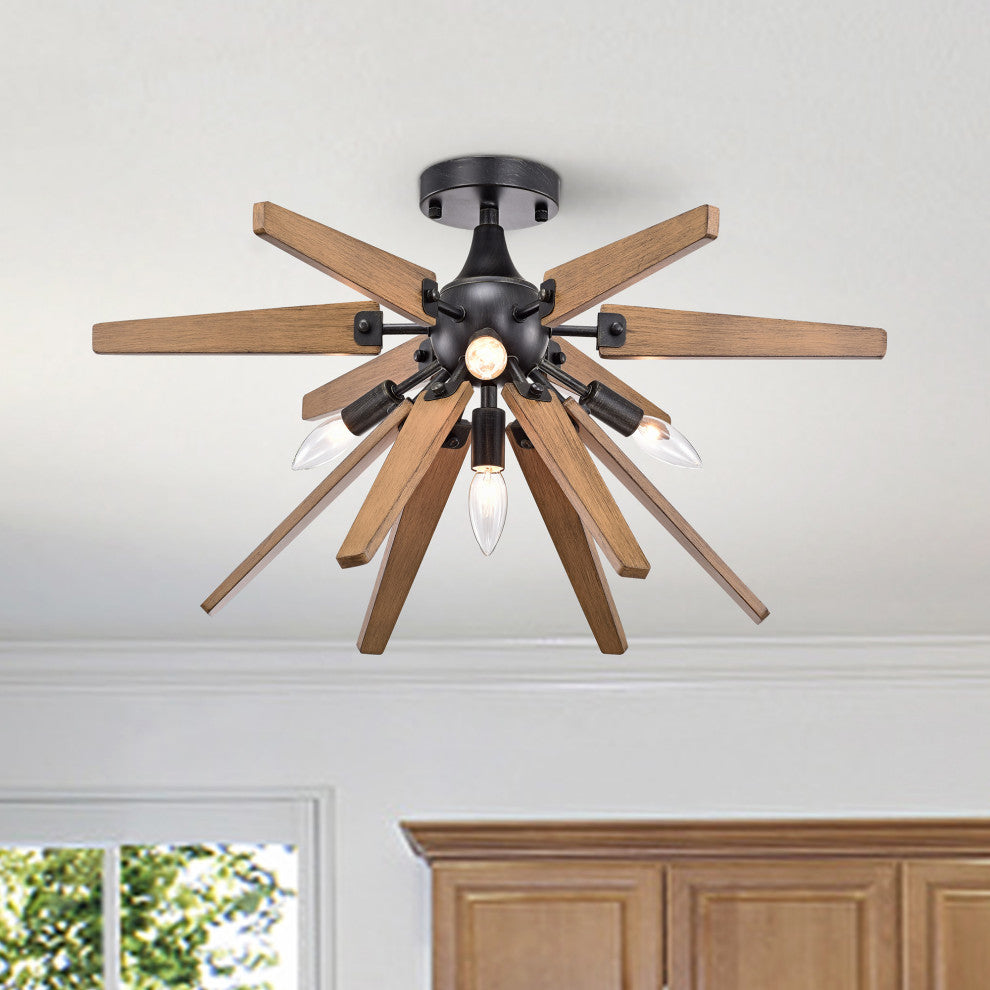Kay 4-Light Antique Black Sputnik Natural Wood Flush Mount