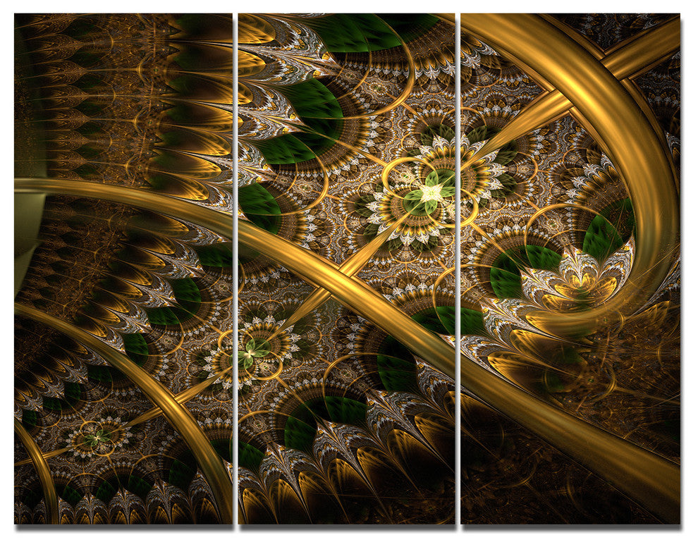 Dark Green Gold Fractal Flower, Abstract Wall Art Canvas, 36x28, 3 Panels
