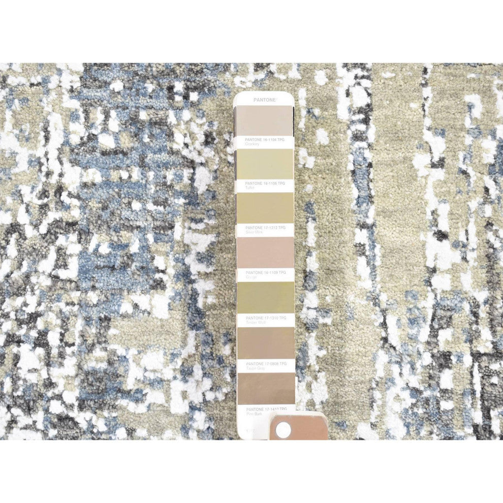 Beige, Modern Abstract Design, Hand Knotted Pure Wool, Runner Rug, 2'6"x10'1"