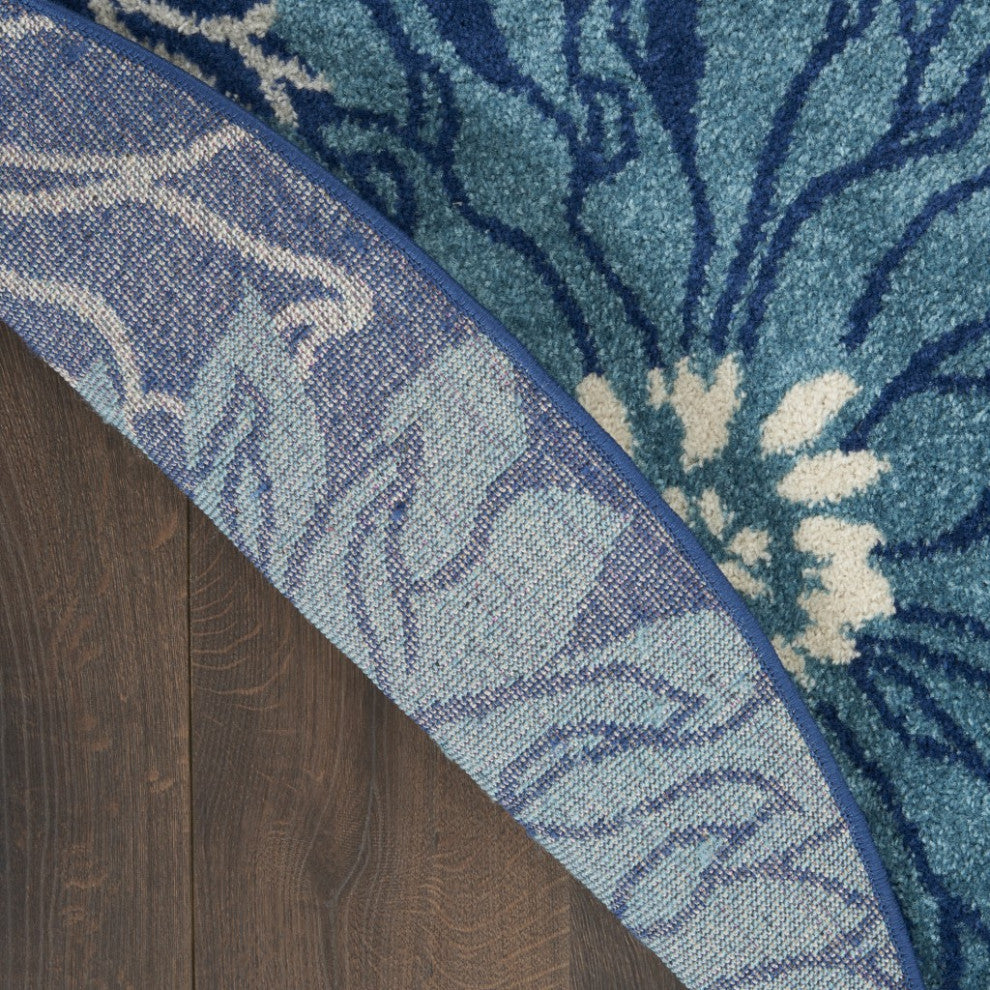 8' Blue And Ivory Round Floral Dhurrie Area Rug