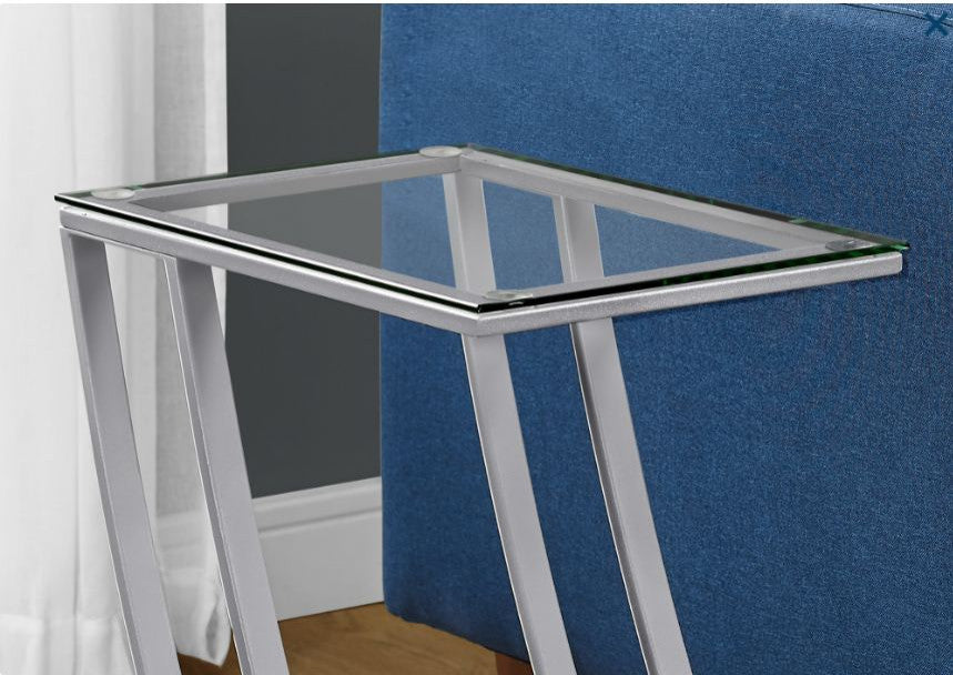 Accent Table C-Shaped End Side Snack Metal Tempered Glass Grey Clear