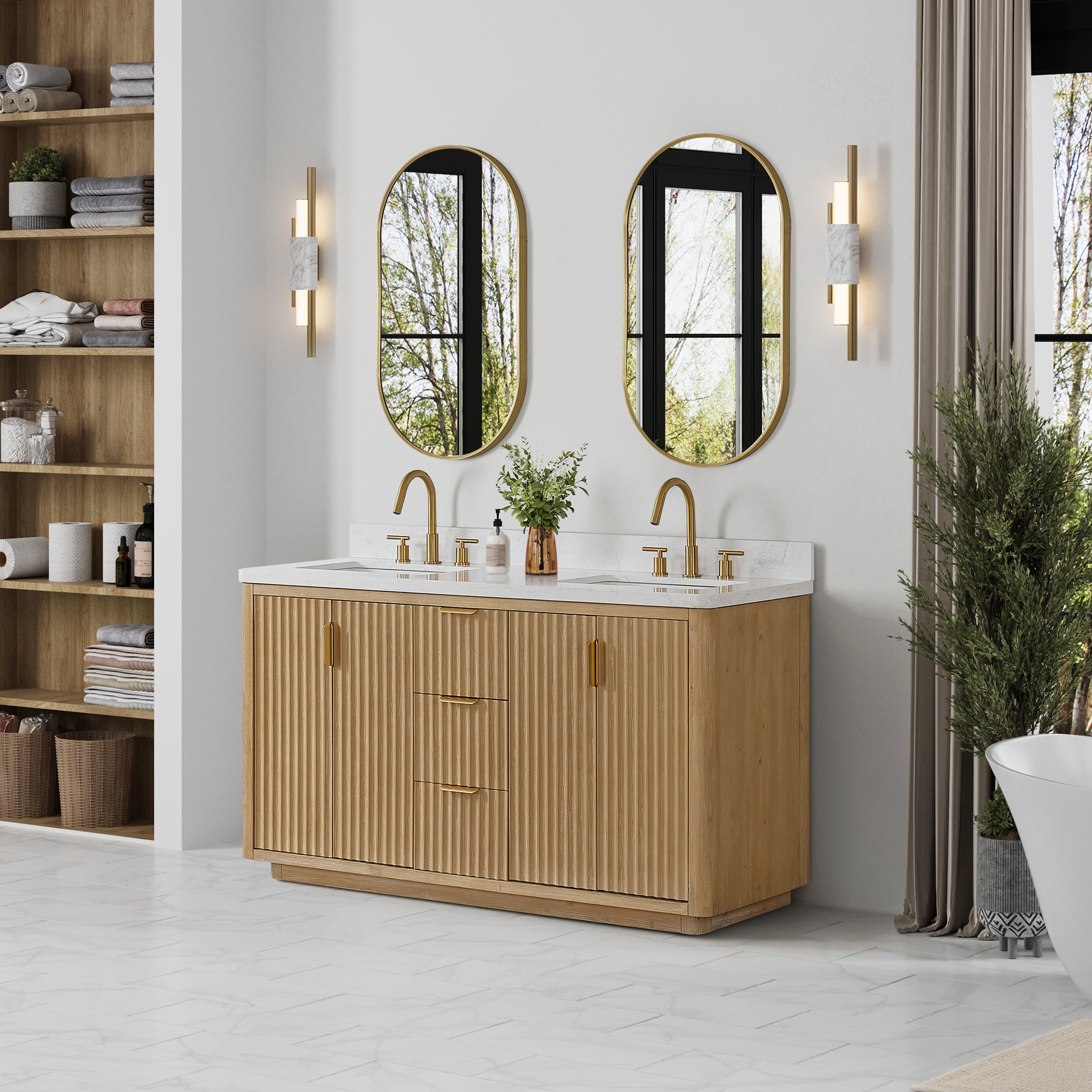 Cadiz Bath Vanity, Composite Stone Top, Washed Ash Grey, 60" Double Sink, No Mirror