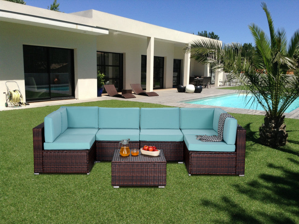 7-Piece Outdoor Wicker U-Shaped Patio Sofa Set with Table and Cushions, Teal Blue+brown