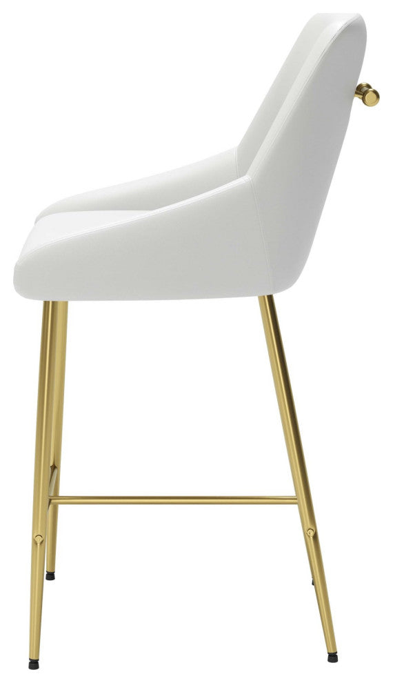 Counter Stool Chair, Faux Vinyl Leather, Steel, White, Gold, Cafe Bistro