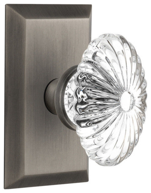 Double Studio Plate With Oval Fluted Crystal Knob, Antique Pewter