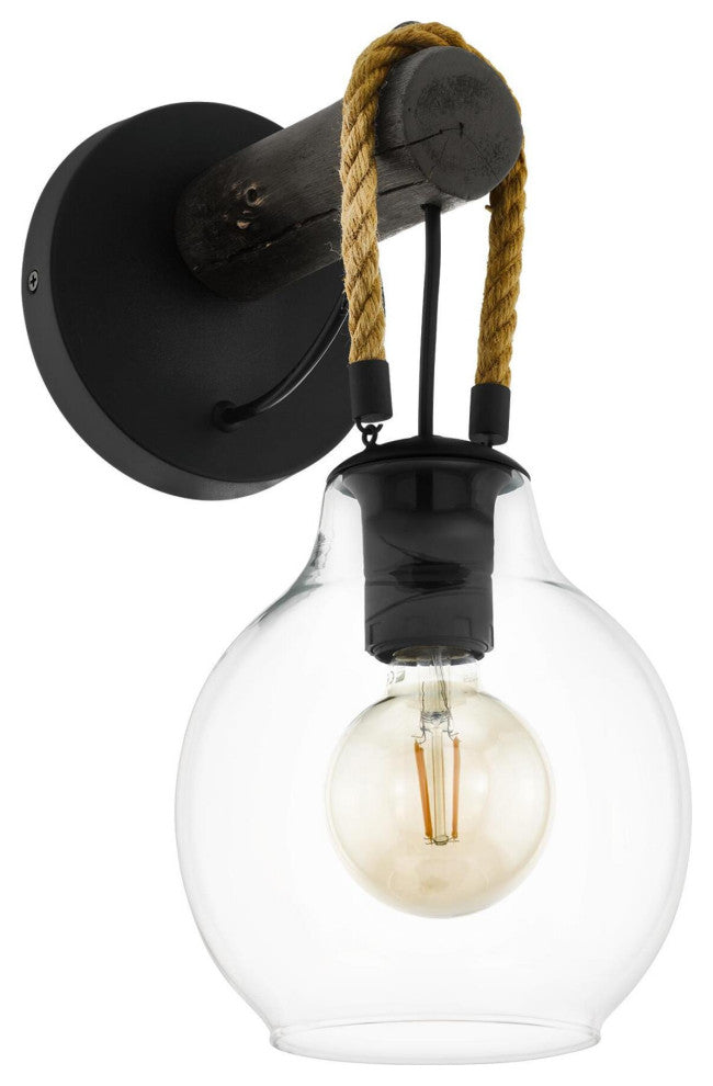 Rodding, 1 Light Wall Sconce, Structured  Black, Brown Roping/Clear Glass