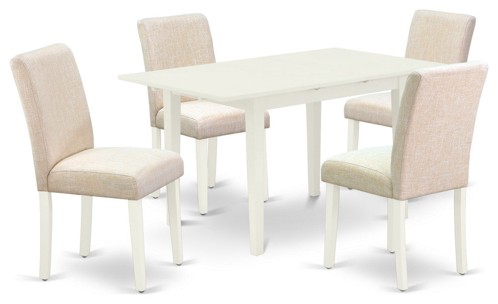 5Pc Kitchen Dining Set, 4 Chairs, Butterfly Leaf Dining Table, Linen White