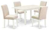 5Pc Kitchen Dining Set, 4 Chairs, Butterfly Leaf Dining Table, Linen White
