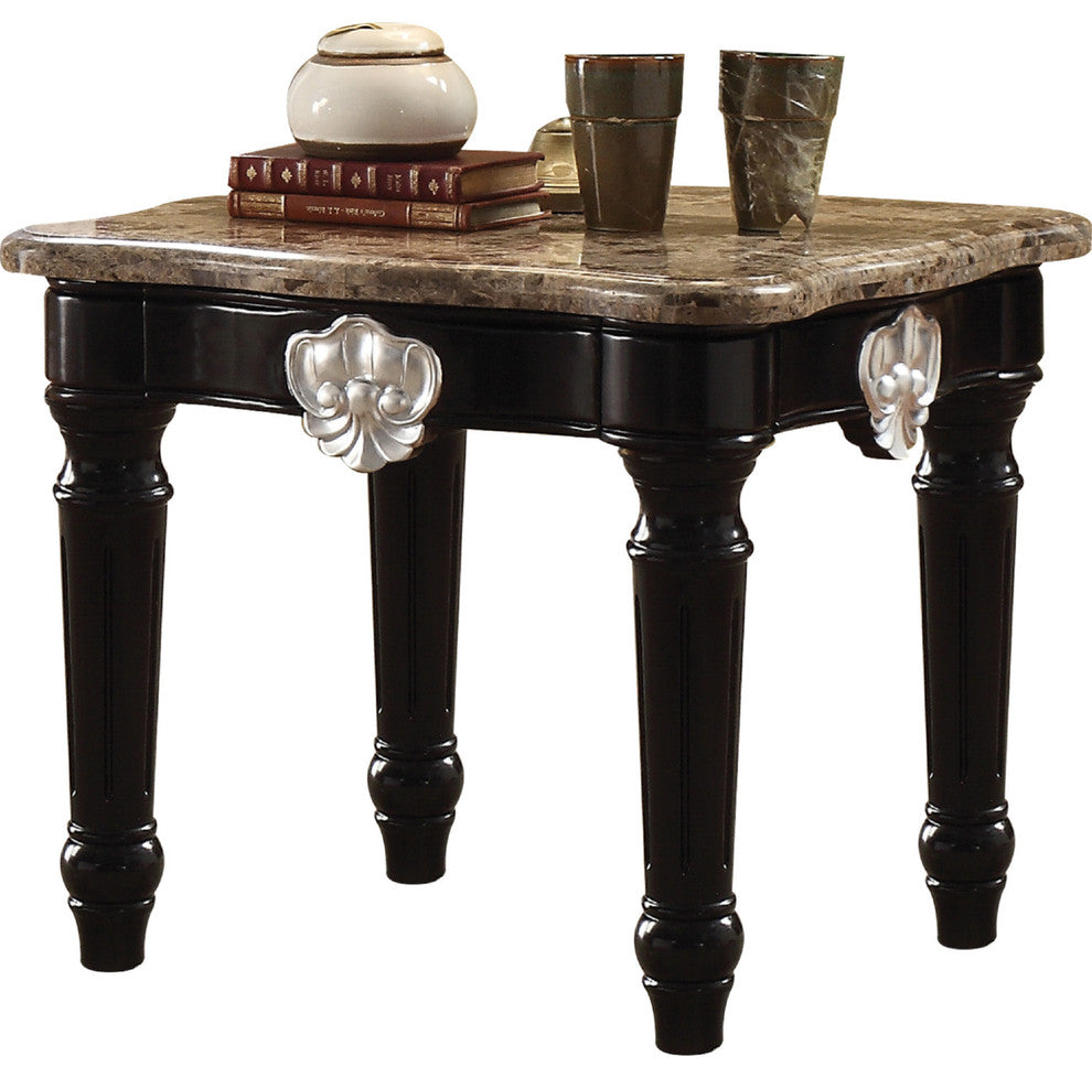 Benzara BM185795 Marble Top End Table With Carved Motif Turned Wood Legs, Black