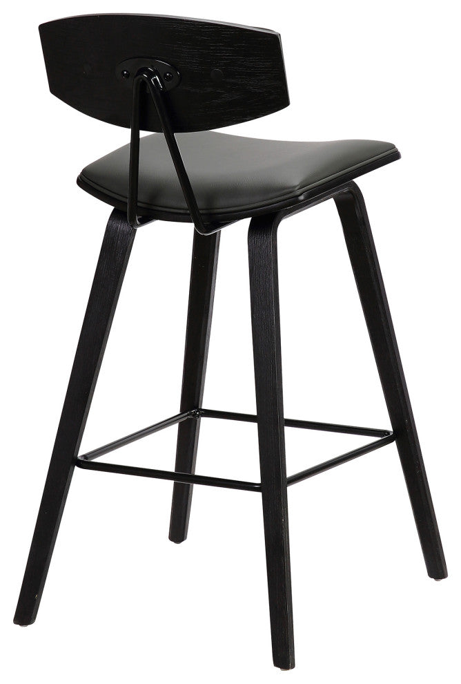 Fox 30" Mid-Century Bar Height Barstool in Grey Faux Leather with Black Brushed
