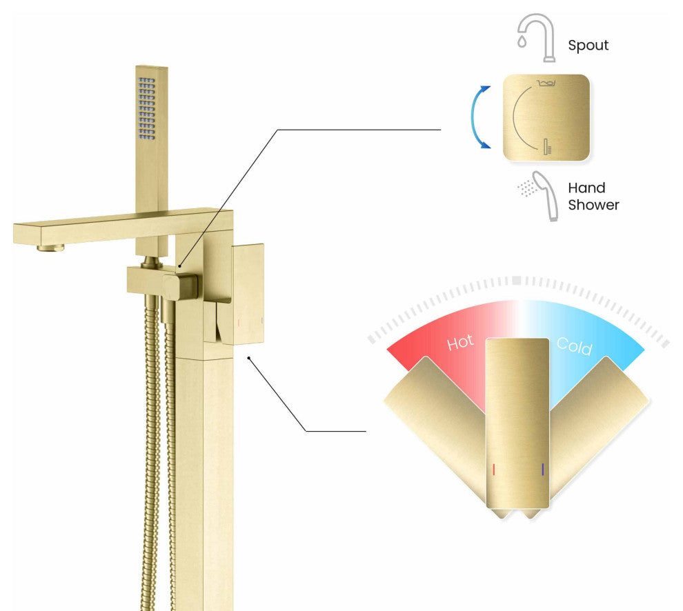 Cube Single Handle Floor Mount Tub Filler With Hand Shower, Brushed Gold