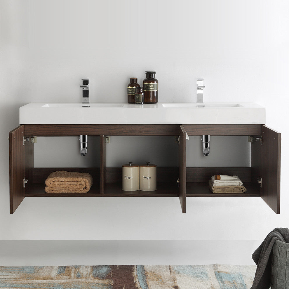 Fresca Vista 60" Walnut Wall Hung Double Sink Cabinet With Integrated Sink