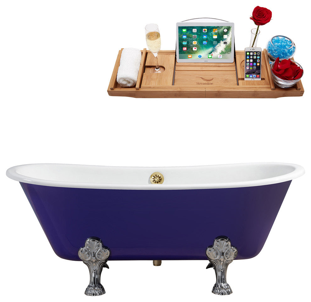 67" Cast Iron R5060CH-GLD Soaking Clawfoot Tub and Tray With External Drain